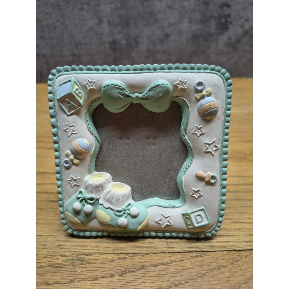 Vintage Baby Boy Nursery Mini 3D Picture Frame Blue Resin Bow Booties 1.5x1.5